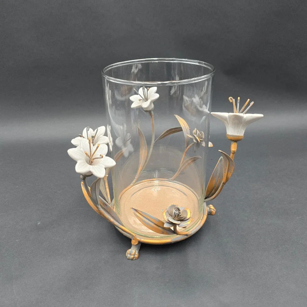 Vintage Ceramic Lily Floral Glass Vase Candle Holder Metal Base Centerpiece